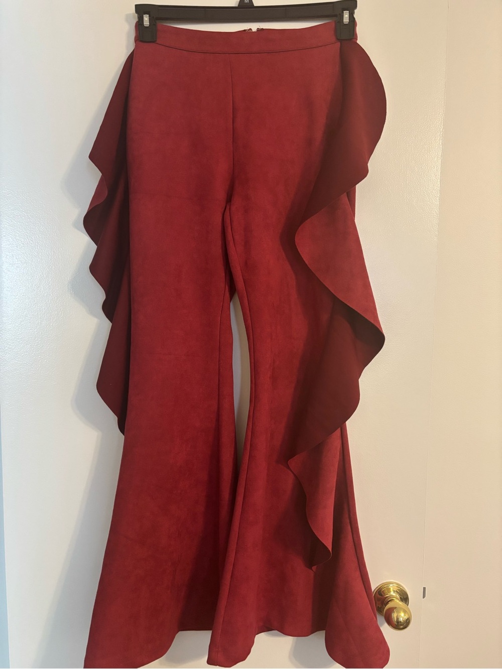 Women's Burgundy Suede Ruffle Flare Pants